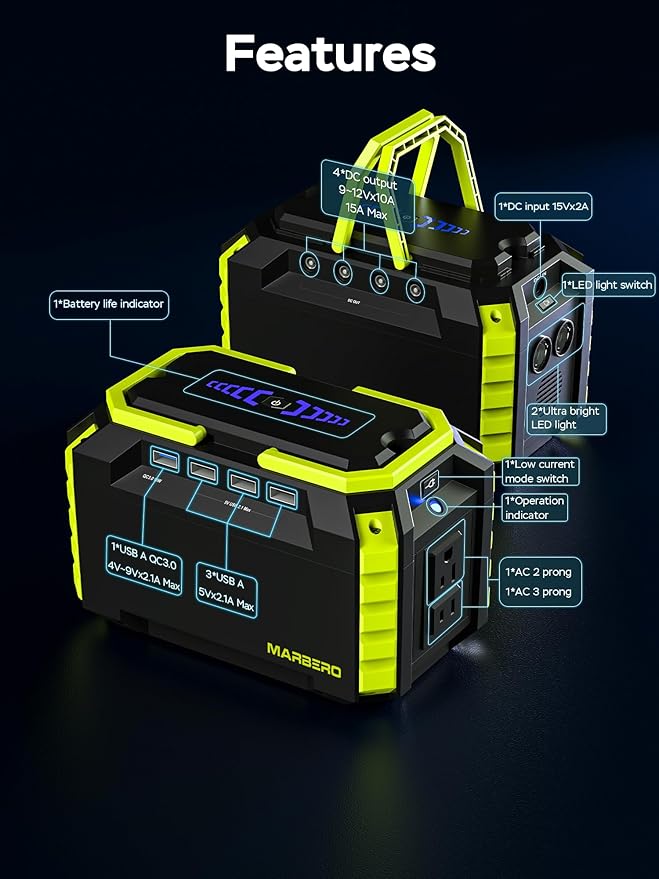 MARBERO Portable Power Station 150Wh Camping Solar Generator Laptop Charger Power Bank with AC Outlet 110V 150W Peak with 4*USB, 4*DC Ports, LED Flashlights for CPAP Home Camping Hurricane Emergency