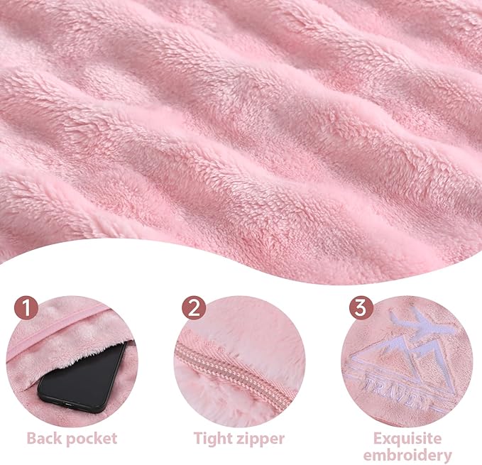 Travel Blanket and Pillow-2-in-1, Ultra-Soft&Compact, One-Piece Airplane Blanket with Hand Luggage Belt and Backpack Clip,Travelers Accessories Gifts, 61x43 Inches (Pink)