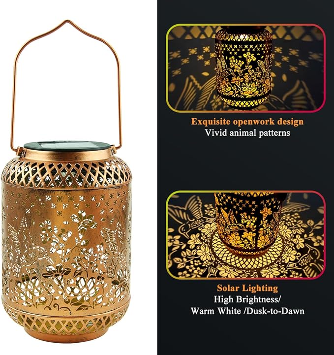 Hummingbird Solar Lanterns Outdoor Waterproof Garden Decor Women Birthday Gifts for Mom Grandma Sister Metal Hanging Solar Lights for Yard Patio Backyard Lawn Porch Decorations