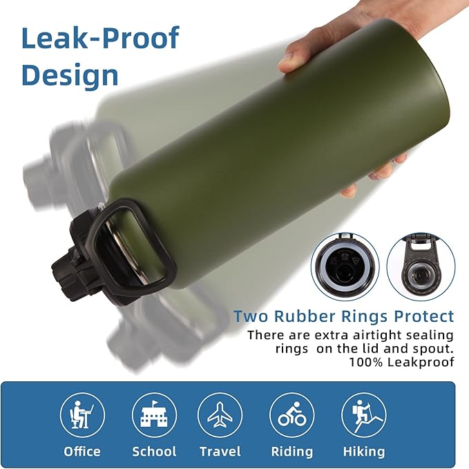 Volhoply Insulated Water Bottles Bulk 8 Pack, 40 oz Stainless Steel Sports Bottle with Paracord Handle Spout Lid, Vacuum Metal Travel Cups with Wide Mouth,Reusable Large Water Cup(Army Green,8 Set)