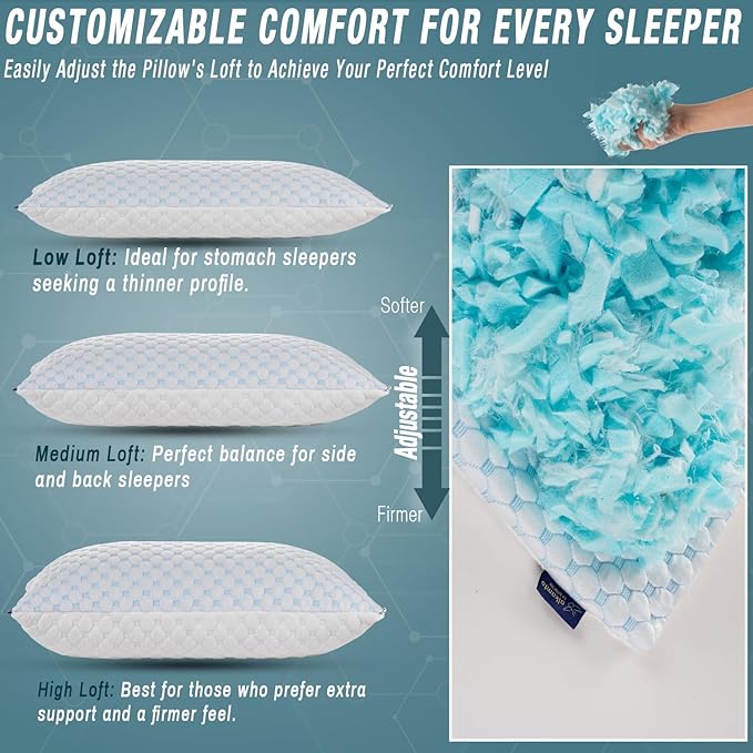 alkamto Cooling Shredded Memory Foam Pillow – Adjustable Gel for Personalized Support – Double-Sided Ice Silk & Soft Rayon – Lightweight, Compressible (White) (Queen)