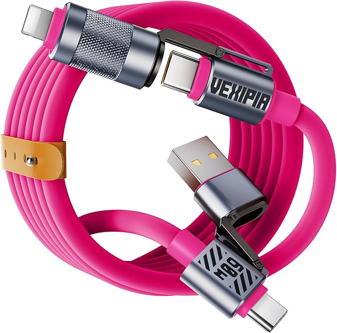 4 in 1 USB C Cable 60W 5FT Fast Charging & Data Transfer, Thicker Silicone Multi Charger Cord for iPhone iPad Charger Wire Combo with L/Type C/USB A for iPhone 16/15/Macbook (Pink)
