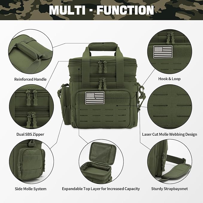 QT&QY Tactical Lunch Box for Men Expandable 18L Heavy Duty Military Insulated Cooler Bag, Leakproof Thermal Lunch Bag for Work Camping Outdoor Picnic Pail Adult Meal MOLLE Webbing Green