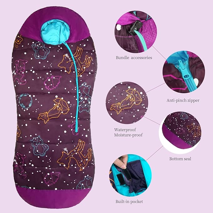 AceCamp Glow in The Dark Mummy Sleeping Bag for Kids and Youth, Temperature Rating 30°F/-1°C, Water-Resistant for Camping, Hiking, and Slumber Party