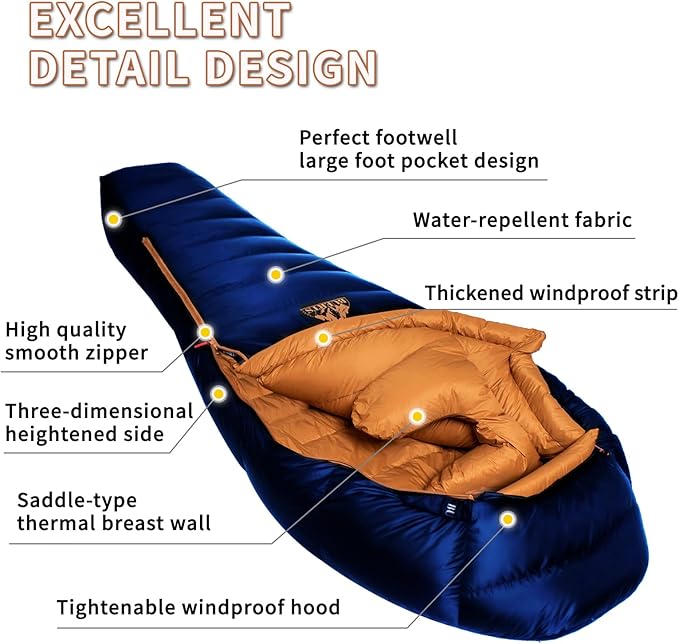 Down Backpacking Sleeping Bag for Cold Weather 45°F to -11°F, XXL Large Ultralight Sleeping Bag Ideal for Adults Camping, Hiking and Backpacking.