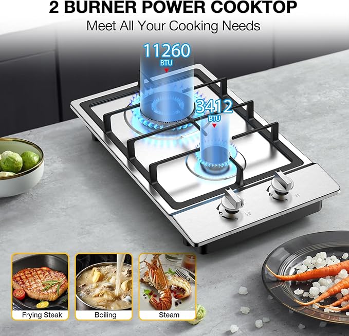 Gas Cooktop 2 Burner Propane Cooktop, Stainless Steel Propane Stove 12 inch, Bulit-in Gas Stove Top with Thermocouple Protection, Lpg/Ng Dual Fuel Drop-in Stove for Apartments, Outdoor, Rvs