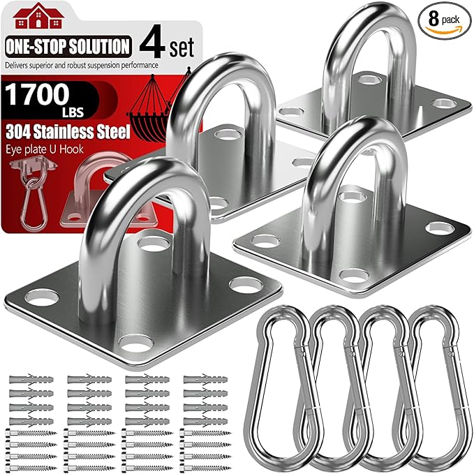 sprookber 304 Stainless Steel Pad Eye Snap Hooks, M10 Heavy Duty Ceiling Hooks, 1700lb Capacity Hammock Swing Hanging kit, Plant Hangers, Marine Hardware Staple Hook Loop with Screws, Set of 8