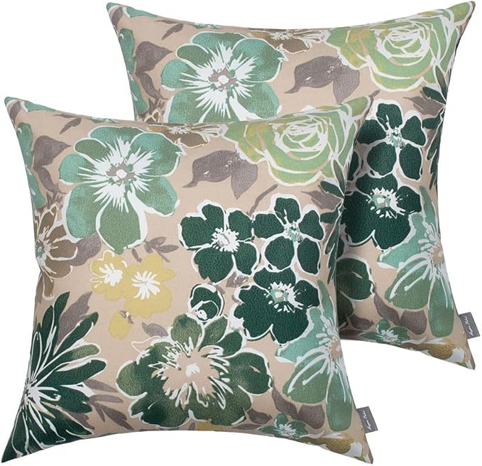 Magpie Fabrics Patio Pillow Covers ONLY 18"x18", Set of 2, Fade-Resistant Outdoor Indoor Cushion Cases Decorative Throw Pillowcase Shell for Couch Garden Furniture - Green Floral