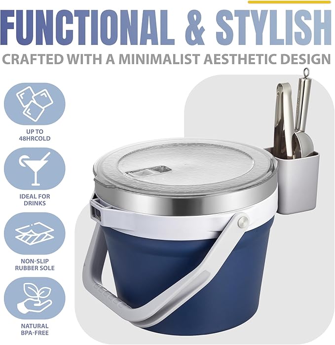 COKTIK 7L Vacuum Insulated Ice Bucket with Lid and Scoop& Tongs，Large capacity Stainless Steel Beverage Bucket for Cocktail, Champagne, Wine, Beer，Large Parties（Dark Blue Suit）