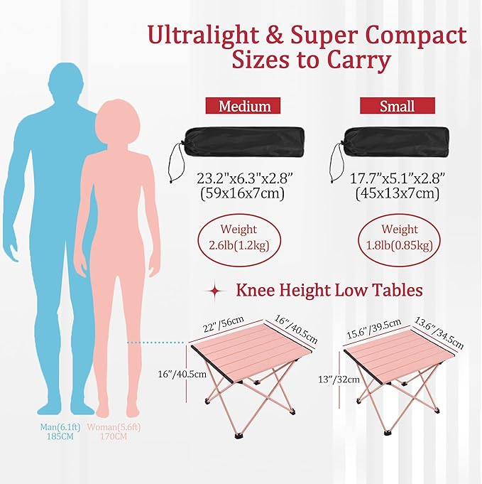 Grope Portable Beach Table for Sand with Aluminum Table Top, Folding Camping Table Easy to Carry, Prefect for Outdoor, Picnic, BBQ, Cooking, Festival, Beach, Home (Pink-S)