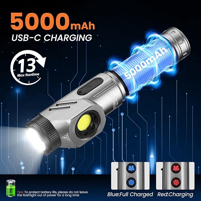 Yemao Rechargeable Tactical Flashlights 1600 High Lumens 2 Light Sources,6 Modes,90 Degree Rotating,Waterproof Working Light with Magnetic Base for Home Emergency,Outdoor,Camping,Shop