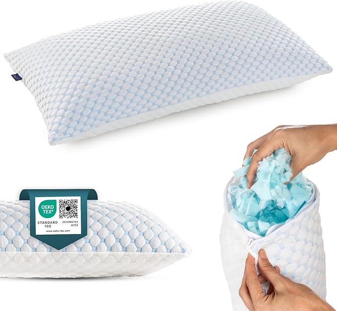 alkamto Cooling Shredded Memory Foam Pillow – Adjustable Gel for Personalized Support – Double-Sided Ice Silk & Soft Rayon – Lightweight, Compressible (White) (King)