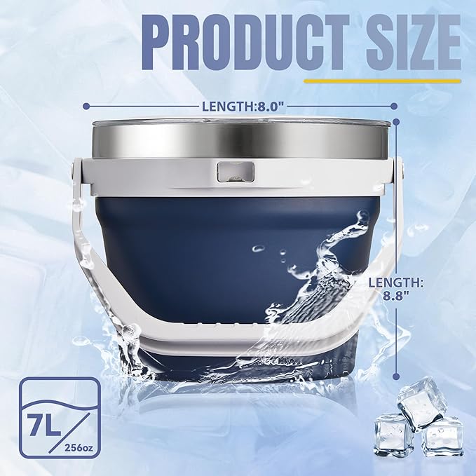 COKTIK 7L Vacuum Insulated Ice Bucket with Lid and Scoop& Tongs，Large capacity Stainless Steel Beverage Bucket for Cocktail, Champagne, Wine, Beer，Large Parties（Dark Blue Suit）