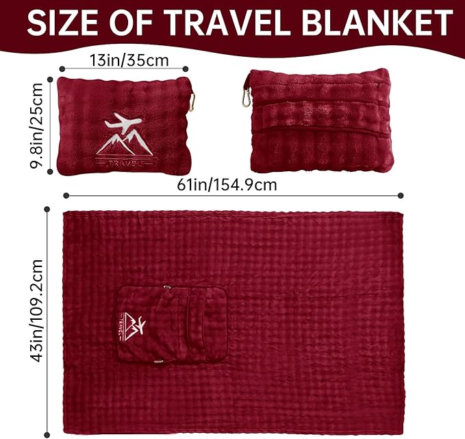 Travel Blanket and Pillow-2-in-1, Ultra-Soft&Compact, One-Piece Airplane Blanket with Hand Luggage Belt and Backpack Clip,Travelers Accessories Gifts, 61x43 Inches（Burgundy）