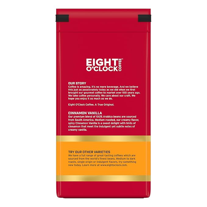 Eight O' Clock Coffee Cinnamon Vanilla, 11 Ounce (Pack of 6), Medium Roast Ground Coffee, 100% Arabica, Creamy, Smooth, Vanilla,