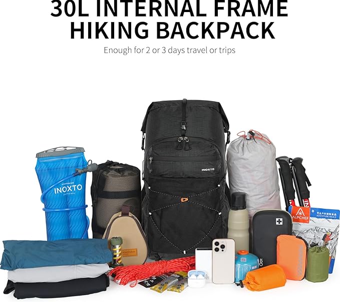 Hiking Backpack for Men and Women, 30L Waterproof Camping Backpack with 3L Water Bladder and Rain Cover, Lightweight Outdoor Sport Travel Daypack Rucksack for Climbing Cycling (Black)