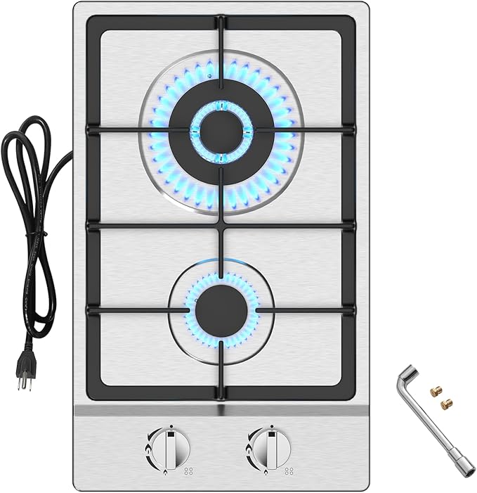 Gas Cooktop 2 Burner Propane Cooktop, Stainless Steel Propane Stove 12 inch, Bulit-in Gas Stove Top with Thermocouple Protection, Lpg/Ng Dual Fuel Drop-in Stove for Apartments, Outdoor, Rvs