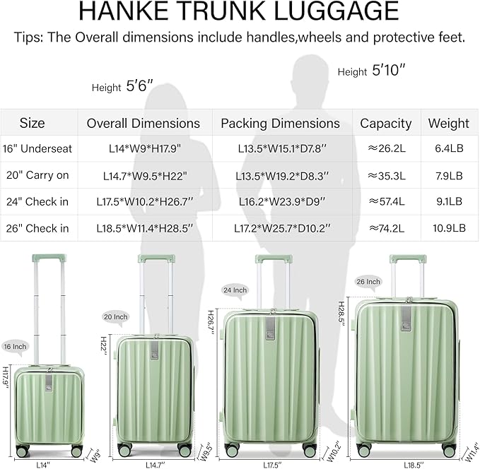 Hanke 26 Inch Large checked Luggage PC Hard Shell luggage Top Opening Aluminum Frame Travel Luggage Suitcases with Wheels for Woman Men.(Bamboo Green)