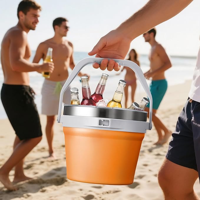 COKTIK 7L Vacuum Insulated Ice Bucket with Lid and Scoop& Tongs，Large capacity Stainless Steel Beverage Bucket for Cocktail, Champagne, Wine, Beer，Large Parties（Orange Suit）