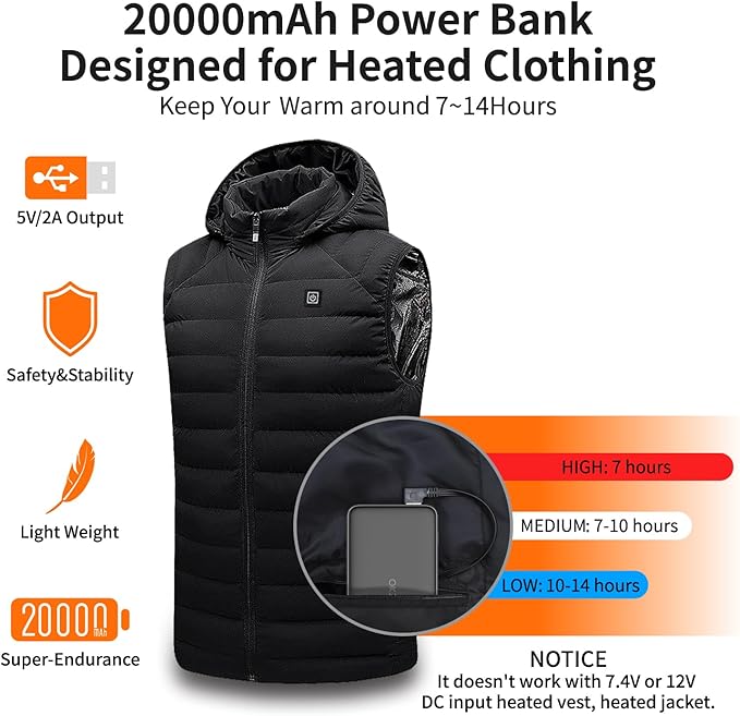 5V 2A Lighter 20000mAh Heated Vest Battery Pack Power Bank for Heated Jacket Heated Hoodies Heated Stadium Seats Fast Recharging Portable Charge for Heated Clothing, Camping Chair