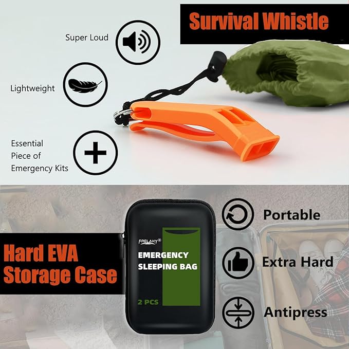 Frelaxy Emergency Sleeping Bag 1-Pack/2-Pack, Extra-Thick Compact Survival Bivy with Whistle, Storage Pouch, and EVA case, Perfect for Survival Kits (Army Green - 2 Pack)