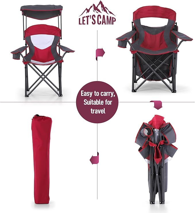 LET'S CAMP Camp Chair with Shade Canopy Folding Camping Chair with Cup Holder and Carry Bag for Outdoor Camping Hiking Beach, Heavy Duty 350 LBS