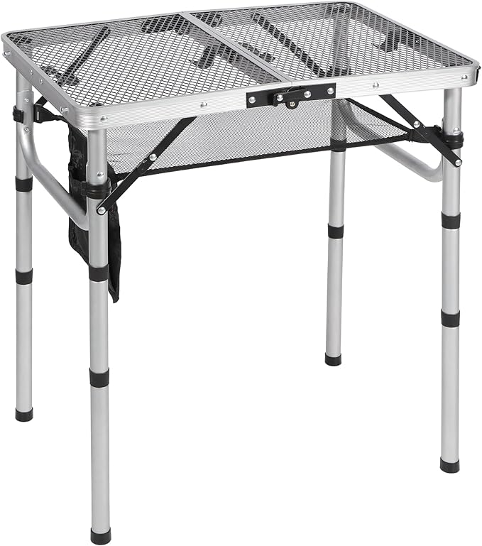 REDCAMP Small Folding Grill Table for Outside, 2Ft Lightweight 4 Height Adjustable Portable Metal Table with Mesh Desktop, Outdoor Table for Camping Picnic Beach and BBQ, Silver