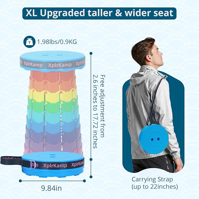 Retractable Folding Stool - Heavy Duty 400 lb Collapsible Portable Stool for Camping, Hiking, Fishing, Indoor/Outdoor with Non-Slip Base and Lightweight Design (Rainbow, 2-Pack)