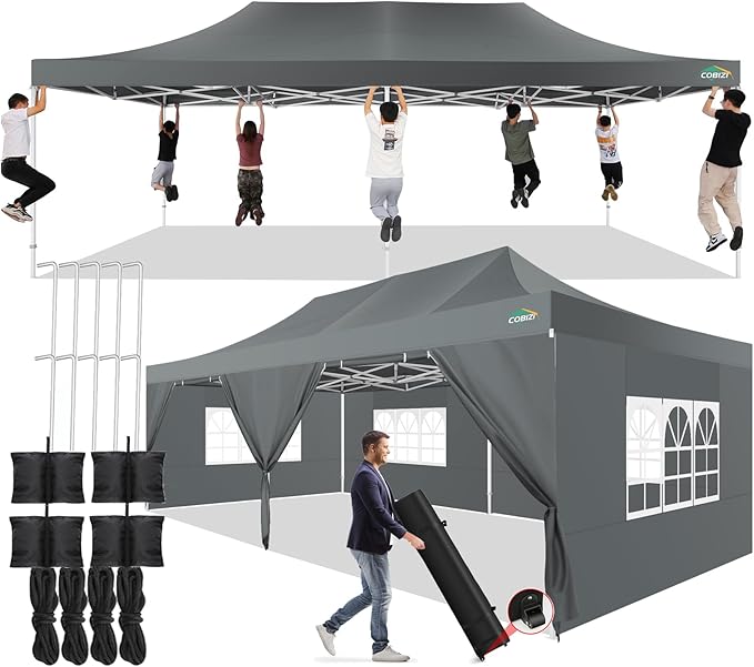 COBIZI 13x26 Pop up Canopy Tent 13x26 Canopy with 6 Sidewalls Waterproof Heavy Duty Commercial Canopy Tent for Parties Outdoor Tent Garden Gazebo Tent, Carry Bag with Wheel(13x26ft, Gray)