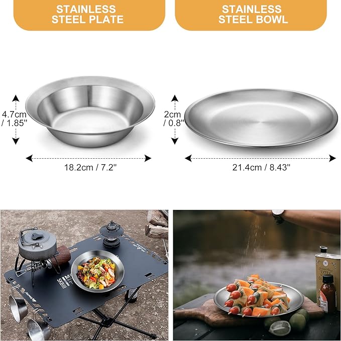 Odoland Stainless Steel Camping Mess Kit for Family & Person, Cooking Tableware Utensils with Plates Bowls Forks Spoons Knives & Savings Bag for Camping, Backpacking, Hiking, Picnic