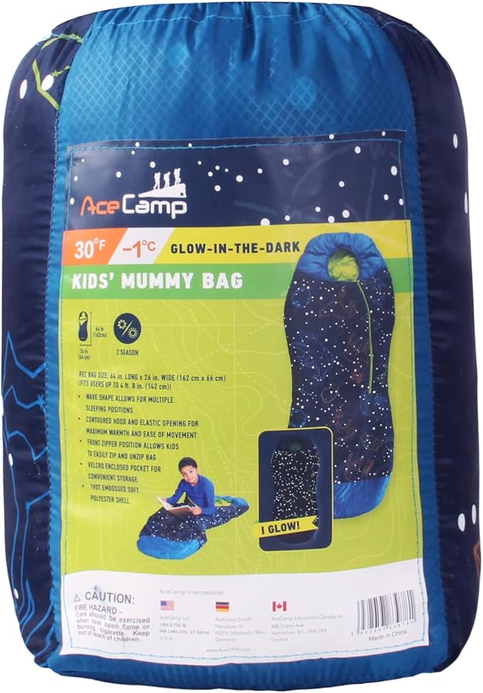 AceCamp Glow in The Dark Mummy Sleeping Bag for Kids and Youth, Temperature Rating 30°F/-1°C, Water-Resistant for Camping, Hiking, and Slumber Party