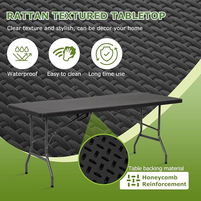 BestOffice Outdoor Folding Camping Table Plastic Table Portable Square Height Dining Table Perfect for Picnics,Parties,Party and Camping,Black Ratten