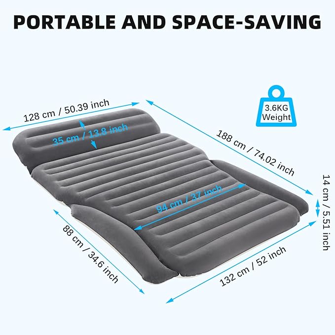 KMZ Inflatable SUV Air Mattress for Car, Truck & Camping – Portable Thickened Car Bed for Travel, Includes 2 Pillows & Electric Pump
