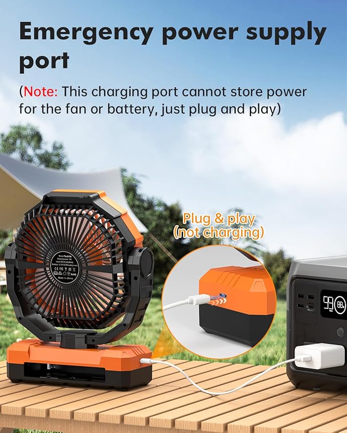 24000mAh Camping Fan - Detachable Rechargeable Battery Operated Fan with Light & Hook for Tent, Outdoor - USB Table Fan with 4 Speeds for Picnic, BBQ, Fishing, Travel, Hurricane