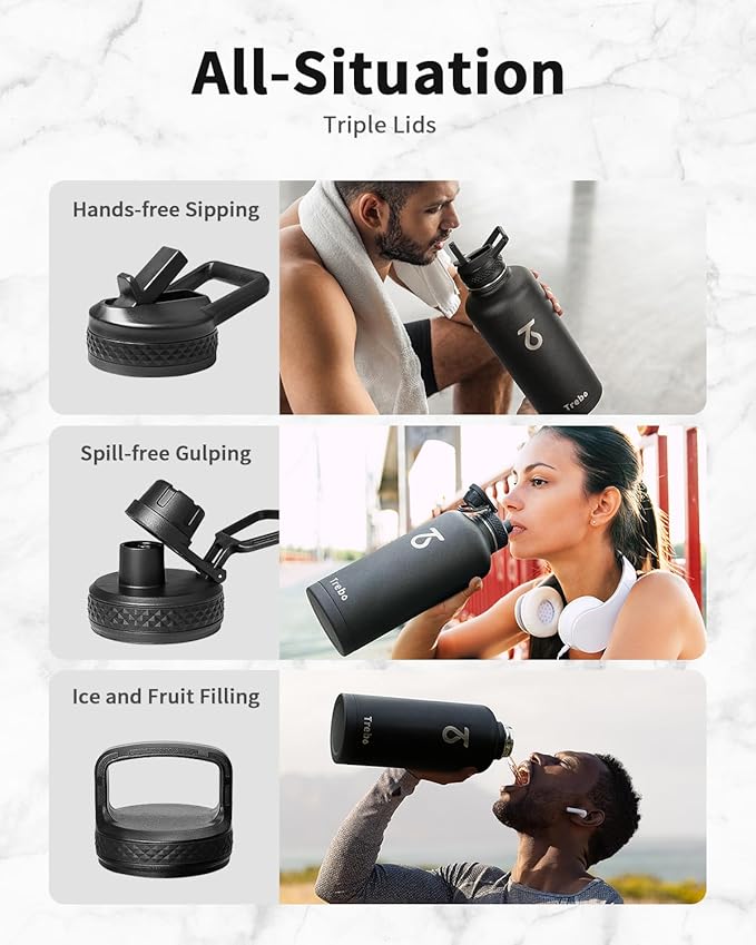 Trebo Water Bottle 87 oz with Paracord Handle, Double Wall Vacuum Stainless Steel Insulated Water Jug (Keep Cold 48hrs),Leakproof Flask For Hot Drinks with Straw Spout Lids, Black