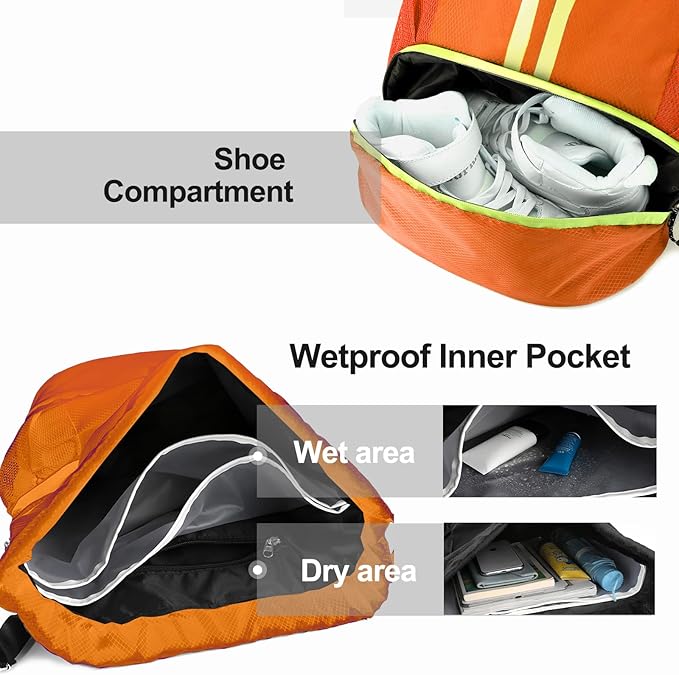 Hoedia Sports Drawstring Backpack - String Swim Gym Bag with Shoes Compartment and Wet Proof Pocket for Women/Men (Orange)