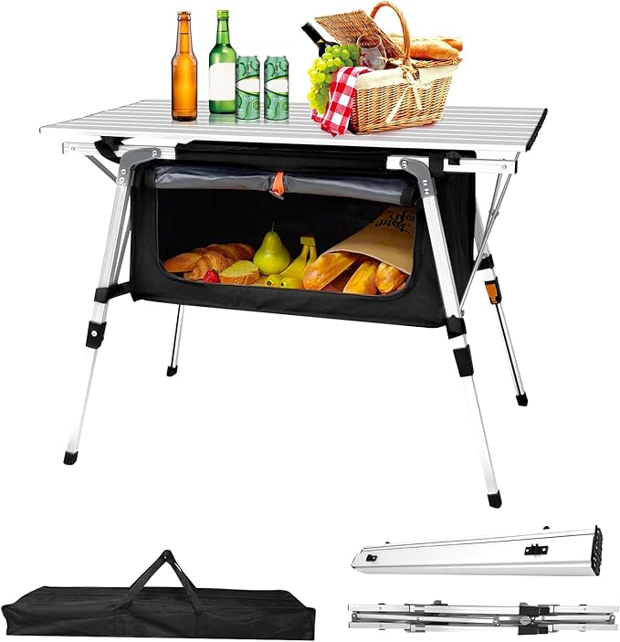 35IN Aluminum Camping Table with Large Storage Bag, Portable Roll-Up Folding Camp Table Adjustable Height Outdoor Kitchen for Camping Picnic Beach