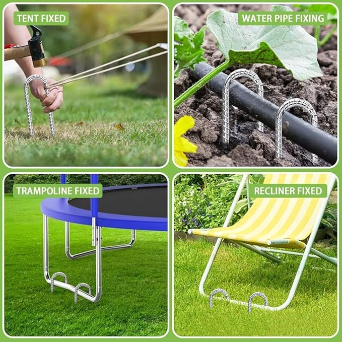 Rebar-Stakes-12-Inch-U-Shaped, Trampoline Stakes High Wind Ground Stakes Heavy Duty Galvanized Anti-Rust Metal Stakes Ground Anchors for Garden Dog Fence Chicken Coop Water Pipe 20pcs