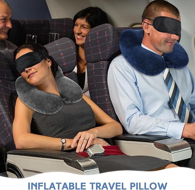 Sintuff 6 Pcs Inflatable Travel Pillow for Airplanes with Compact Bag and Blindfold Soft Velvet Inflatable Neck Pillows for Traveling, Airplane, Train, Car, Office (6 Colors)