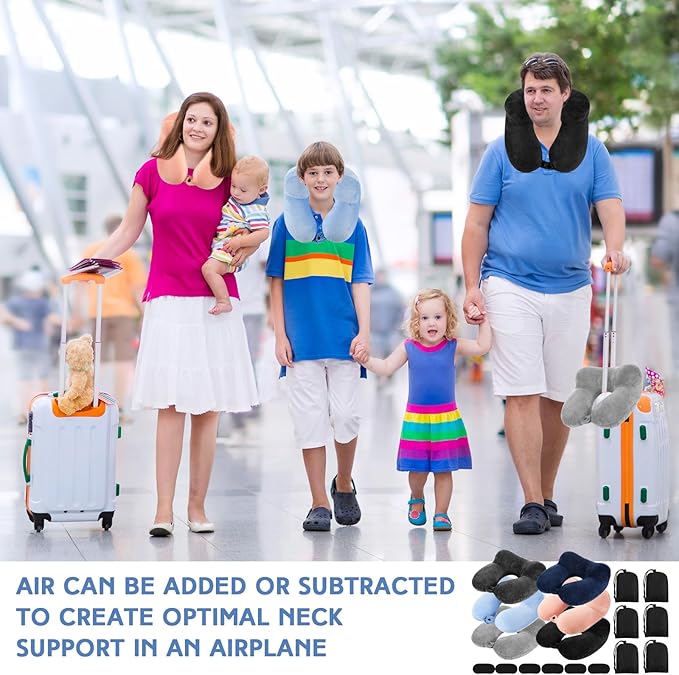 Sintuff 6 Pcs Inflatable Travel Pillow for Airplanes with Compact Bag and Blindfold Soft Velvet Inflatable Neck Pillows for Traveling, Airplane, Train, Car, Office (6 Colors)