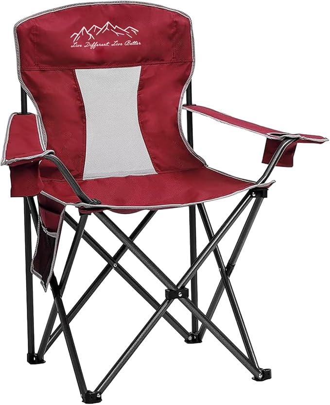 Mesh Folding Camping Chairs, Oversized Portable Outdoor Chairs, Weight Capacity 325 lbs with Cup Holder, Storage Pocket, Carry Bag Red