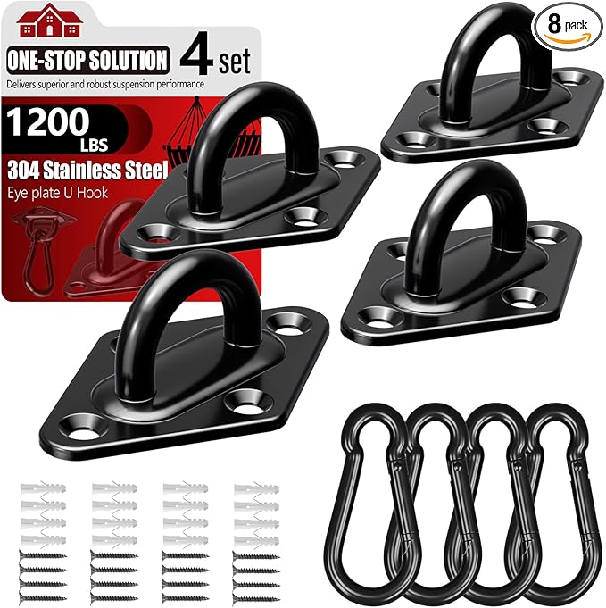 sprookber 304 Stainless Steel Pad Eye Snap Hooks, M8 Heavy Duty Ceiling Hook, 1200 lb Capacity Hammock Swing Hanging kit, Plant Hangers, Marine Hardware Staple Hook Loop with Screws, Set of 8(Black)
