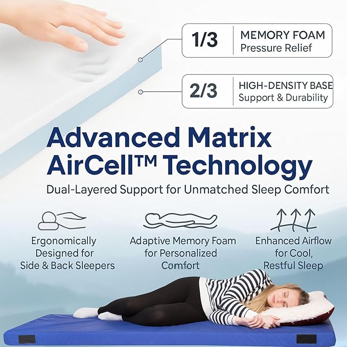 Hazli Matrix Comfort-Cell Memory Foam Camping Mattress Pad - Portable Foam Sleeping Pad for Camping - Roll up Sleeping Mat for Adults - Floor Mattress Guest Floor Bed for Sleepover, Car SUV Cot