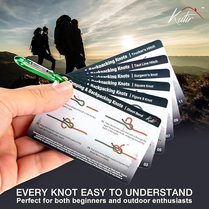 Outdoor Knots Mastery Guide - Essential Backpacking, Scouting & Camping 12 Portable Pocket Size Knot Cards - Waterproof Portable Reference with Mini Carabiner, Regular