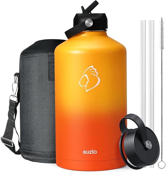 BUZIO 128oz Gallon Water Bottle, Insulated Water Jug with Straw Lid and Carrying Sleeve (Cold for 48 Hrs) Stainless Steel Hydro Metal Canteen Water Flask, Yellow Orange