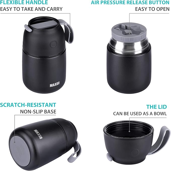 Insulated Thermo Food Jar for Hot & Cold Food for Kids Adult, 17&24 oz Soup Thermal Hot Food Containers for Lunch, Triple Layer Insulation Stainless Steel Food Jar with Spoon (2 Pack Black)