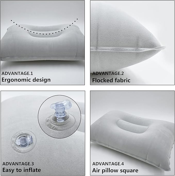 3 Pcs Grey Ultralight Inflatable Pillow Small Squared Flocked Fabric Air Pillow for Hiking,Camping,Traveling,Napping,Beach,Desk Rest,Neck &Lumbar Support