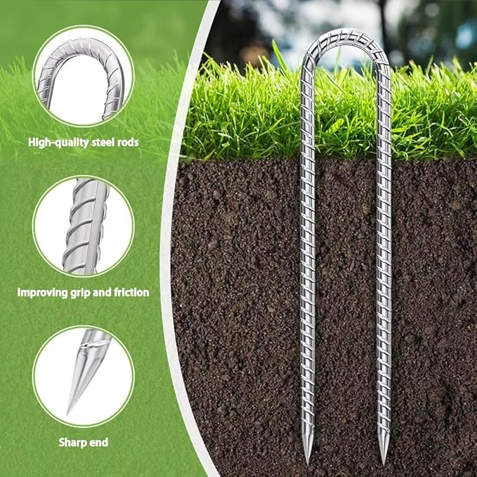 Rebar-Stakes-12-Inch-U-Shaped, Trampoline Stakes High Wind Ground Stakes Heavy Duty Galvanized Anti-Rust Metal Stakes Ground Anchors for Garden Dog Fence Chicken Coop Water Pipe 20pcs