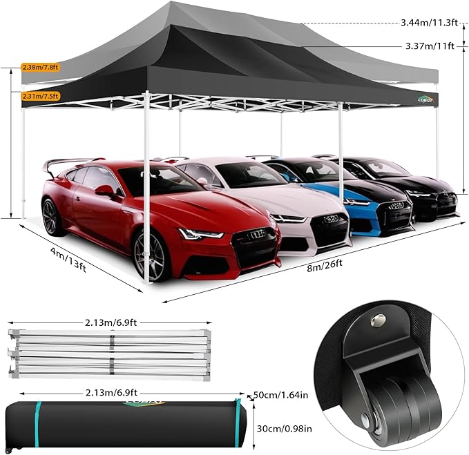 COBIZI 13x26 Pop up Canopy Tent 13x26 Canopy with 6 Sidewalls Waterproof Heavy Duty Commercial Canopy Tent for Parties Outdoor Garden Gazebo, Carry Bag with Wheel(13x26ft, Black)