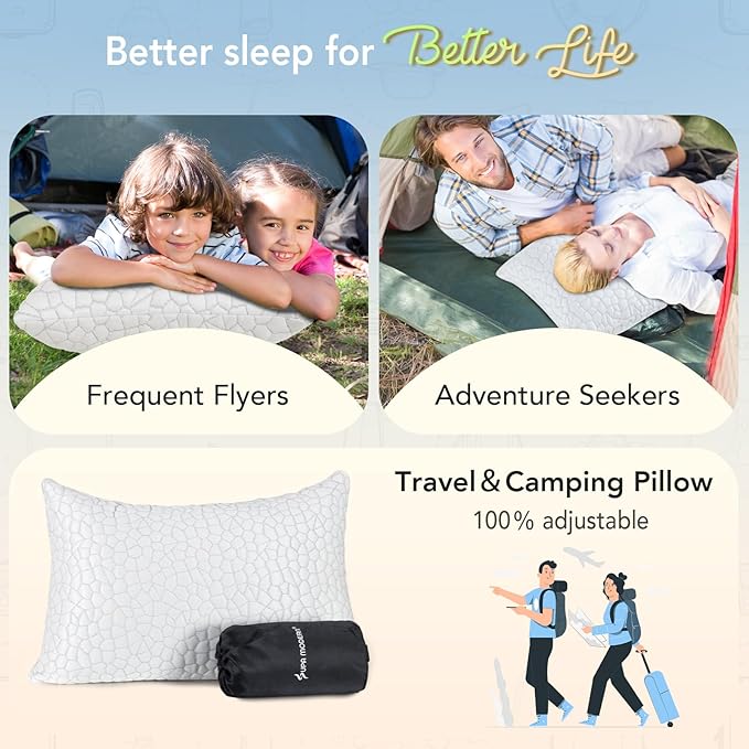 SUPA MODERN Cooling Bed Pillows for Sleeping 1 Pack Small Shredded Memory Foam Pillow Camping Travel Pillow - Compressible Medium Firm, Breathable Cover, ldeal Backpacking Hiking, Airplane and Car